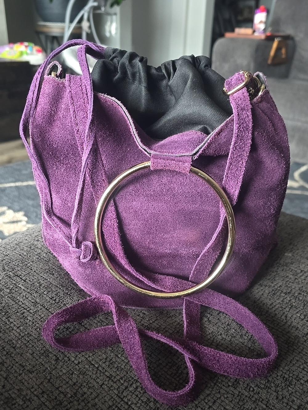 Purple Suede Drawstring Crossbody Bag with Gold Ring Accent